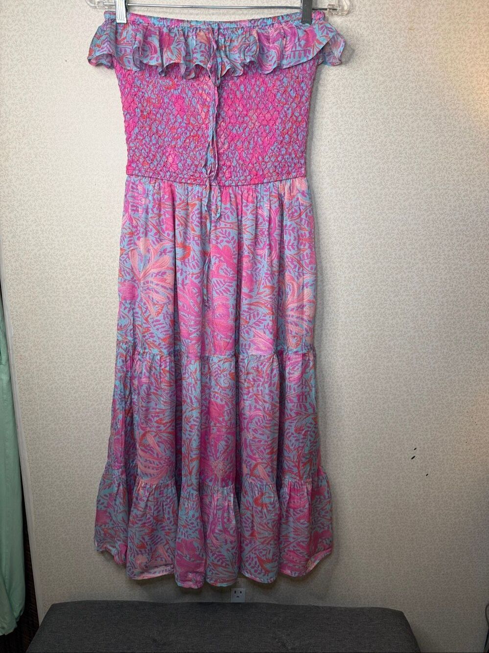 NWT Jen’s Pirate Booty pink floral strapless and smocked midi dress